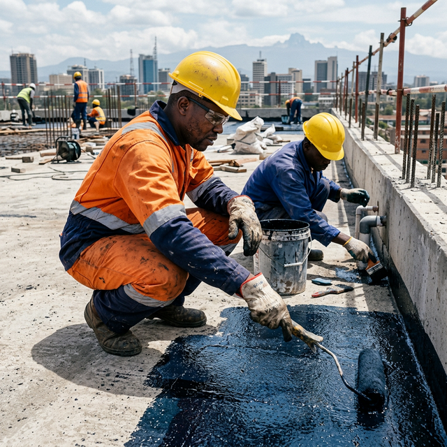African workers applying waterproofing membrane on a building